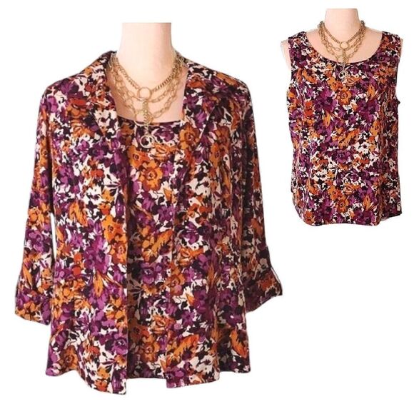VTG 2 Piece Fall Printed Cottagecore Sleeveless Blouse and Jacket Set Large P - Picture 1 of 15